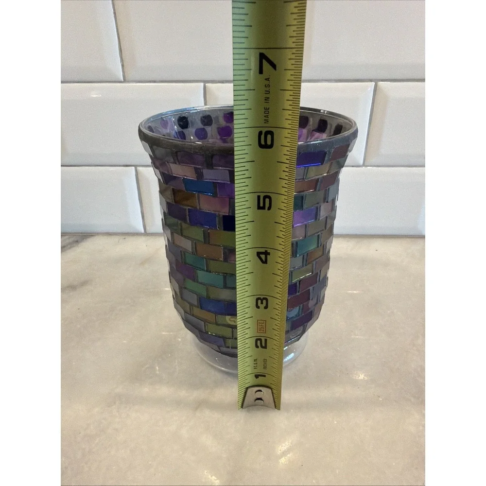 Stunning Vtg Iridescent Purple GLASS MOSAIC HURRICANE LAMP/candle Holder GW993 - Picture 9 of 10
